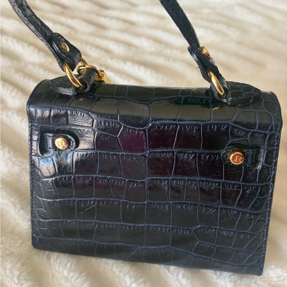 Black Croc-Embossed Top Handle Satchel with Gold Hardware - Picture 4 of 7